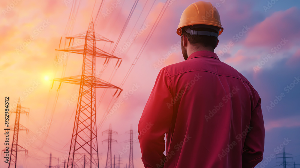 A worker in a hard hat observes power lines during sunset, showcasing safety and energy sector themes. A worker in a hard hat observes power lines during sunset, showcasing safety and energy sector themes.