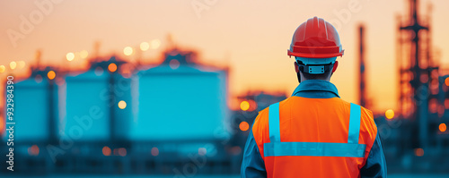 A worker in safety gear observes an industrial site at sunset, highlighting the importance of safety in construction and manufacturing.