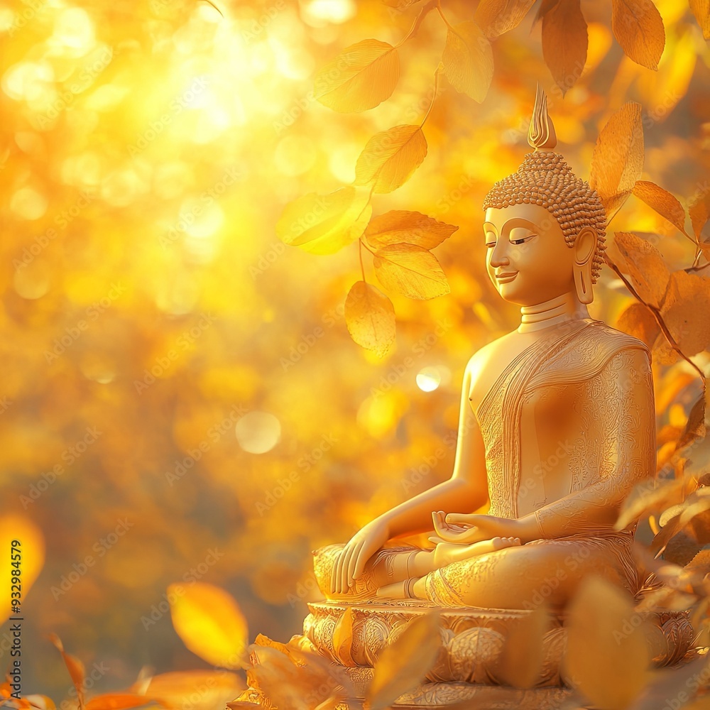 Obraz premium Makha Asanaha Visakha Bucha Day Golden Buddha image. Background of Bodhi leaves with shining light. Soft image and smooth focus style