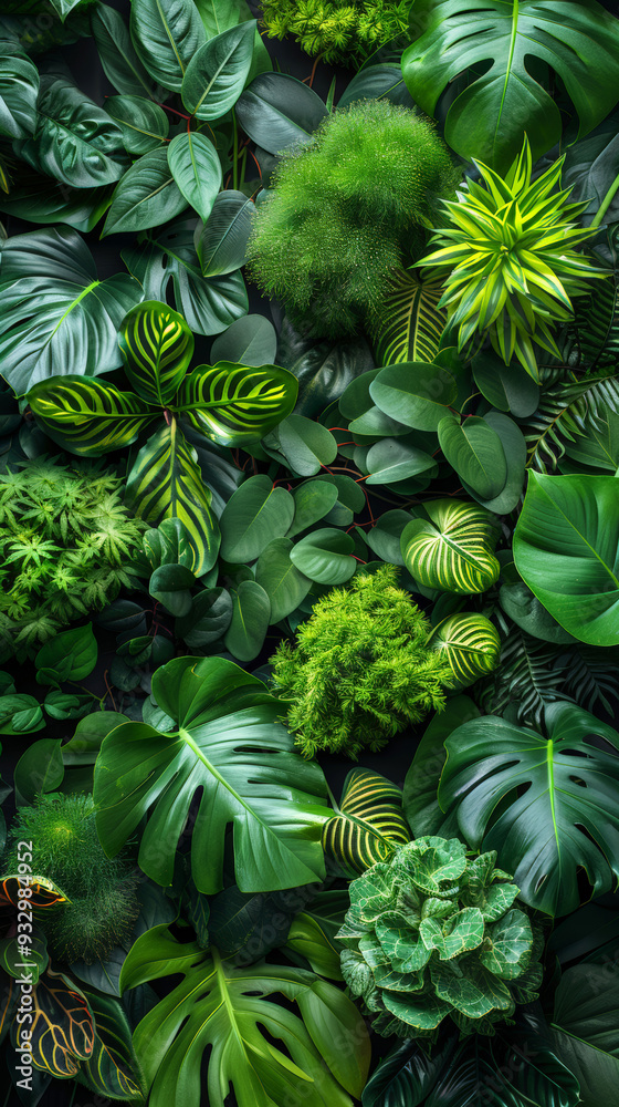Obraz premium Lush green tropical leaves forming a vibrant natural background, ideal for nature-themed designs.