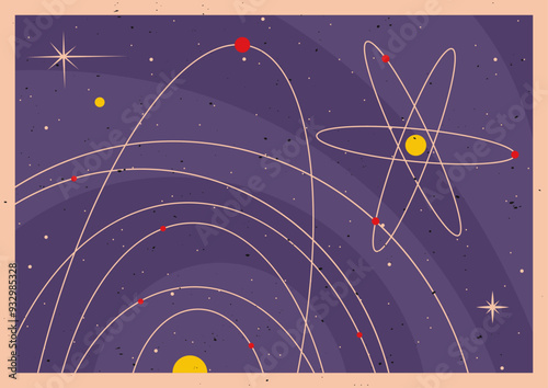 Space Posters Vector Template. Mid Century Modern Space Age Posters Style Background, 1950s - 1960s Colors and Shapes 