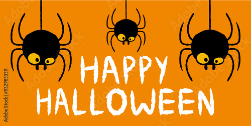 Happy Halloween banner with cute black cartoon spiders. Vector flat illustration.