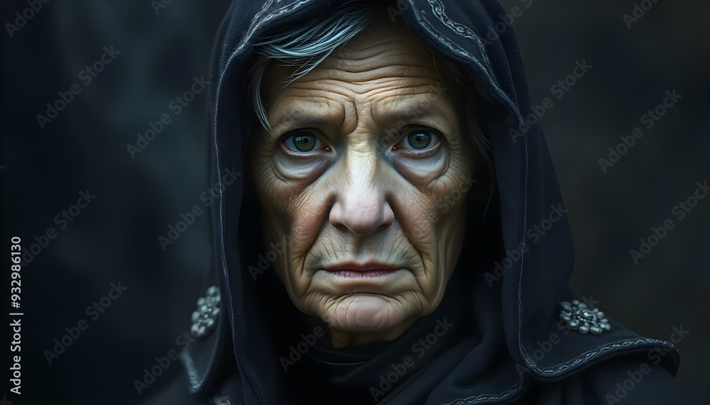 An elderly woman with wrinkled skin, sunken eyes, and a stern expression, wearing a dark hooded cloak against a shadowy background An elderly woman with wrinkled skin, sunken eyes, and a stern expression, wearing a dark hooded cloak against a shadowy background