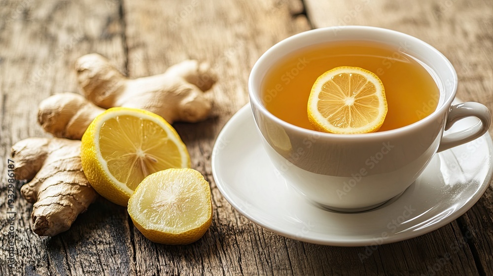 A cup of ginger lemon tea with a slice of lemon and fresh ginger on a wooden table. Close-up with copy space. A cup of ginger lemon tea with a slice of lemon and fresh ginger on a wooden table. Close-up with copy space.