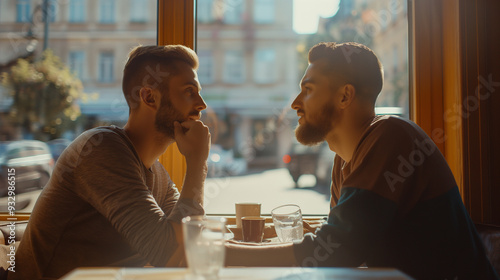 In a cozy cafe, two men find themselves sharing a genuinely tender moment, which beautifully emphasizes the deep connection and intimacy they experience within this warm and inviting environment photo