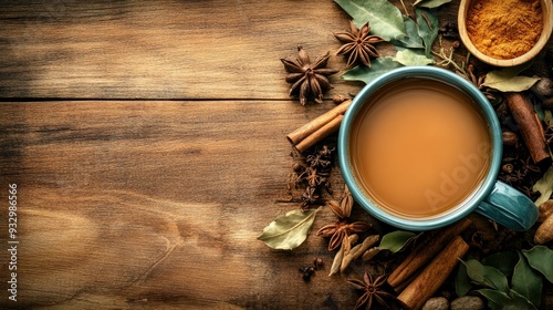 A cup of steaming masala chai surrounded by spices on a wooden background. Top view with space for text.