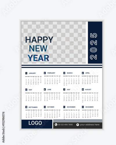 2025 one page wall calendar design template, Print ready, Elegant Design