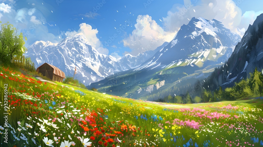 Idyllic mountain landscape in the Alps with blooming meadows in springtime. Idyllic mountain landscape in the Alps with blooming meadows in springtime.