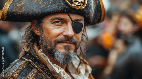 A portrait of a person in a detailed pirate costume