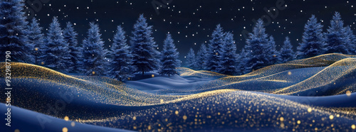 Winter night scene with snow-covered hills, illuminated golden accents, and frosty trees, serene and magical landscape