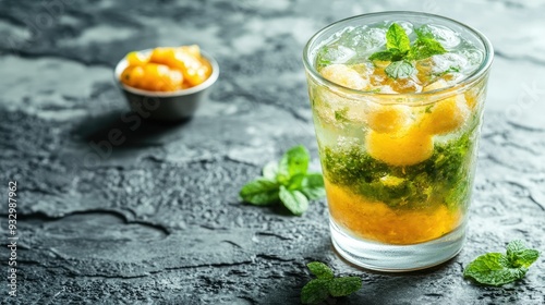 Refreshing glass of pani puri water (pudina flavored) with tamarind chutney on a textured background. Copy space