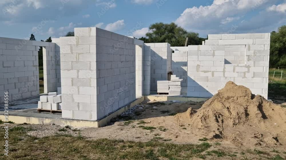 view of the construction site of a family house. silo plaster cement mixture. Gable roof truss. beams are place, pallets of insulating bricks inside building, development, finance, mixer view of the construction site of a family house. silo plaster cement mixture. Gable roof truss. beams are place, pallets of insulating bricks inside building, development, finance, mixer
