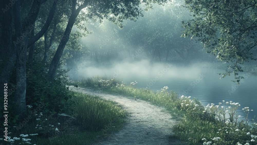 Fototapeta premium Misty Morning Path by the River