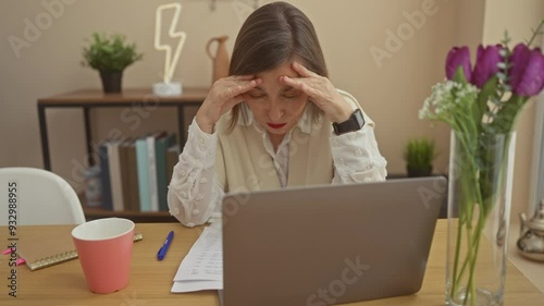 A stressed woman with a laptop and documents in a home office setting, inducing a sense of urgency and pressure. photo