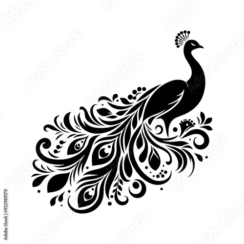 Peacock silhouette , vector black color silhouette solid white background