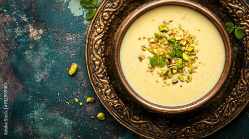 Top view of a kulhad filled with lassi, garnished with chopped pistachios. Close-up with copy space. photo