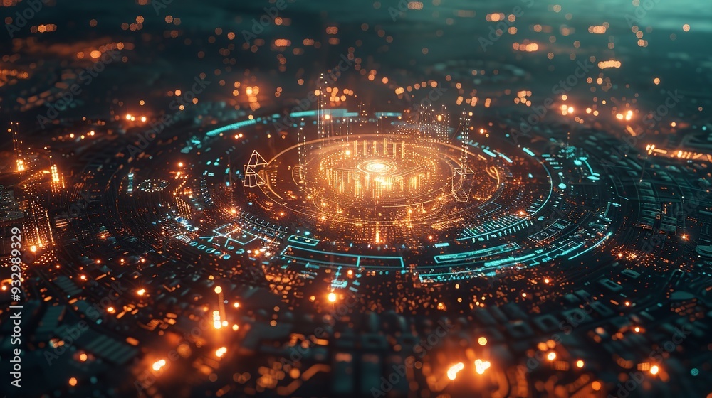 Close-up view of a futuristic circular interface glowing brightly against a dark space background. Close-up view of a futuristic circular interface glowing brightly against a dark space background.