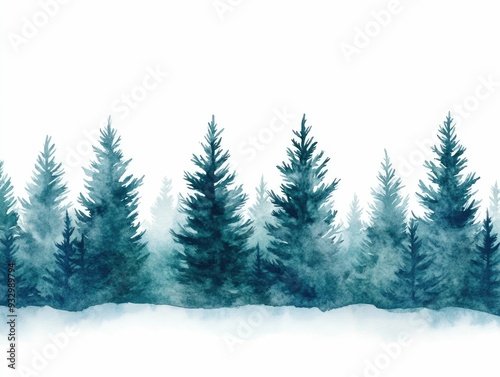 Watercolor Evergreen Forest with Snowy Branches Isolated on White Background of a peaceful natural landscape with tall dense trees and snowcapped branches against a clean minimalist backdrop