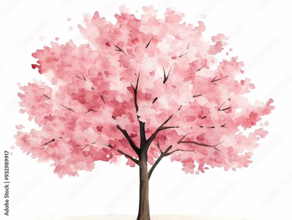 Obraz premium Enchanting watercolor of a flourishing cherry blossom forest landscape with vibrant pink and white blooms on a serene white background capturing the beauty and tranquility of nature s spring splendor