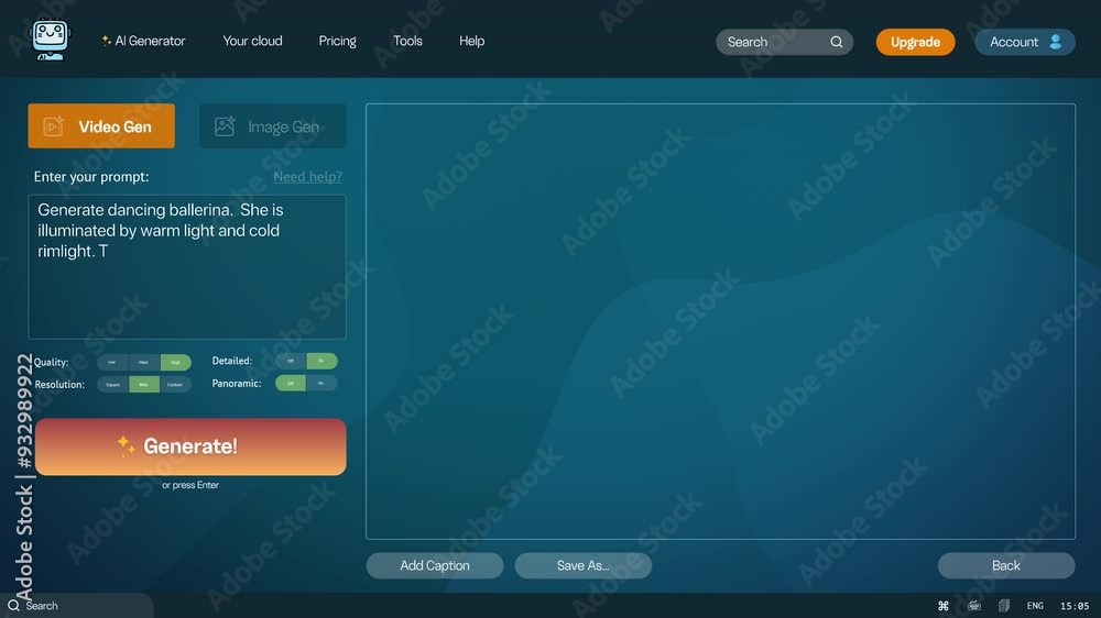 Tutu Interface User interface of AI video generator. Artificial intelligence chatbot ...