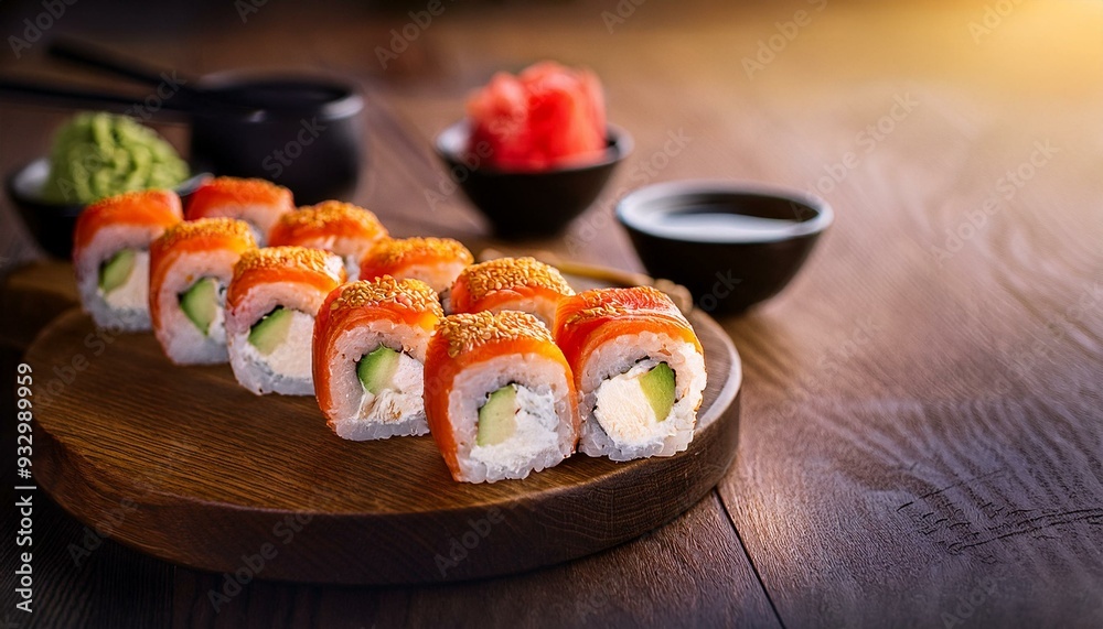 Delicious sushi rolls, copy space for advert for restaurant, cafe, bar, winery, seafood Delicious sushi rolls, copy space for advert for restaurant, cafe, bar, winery, seafood