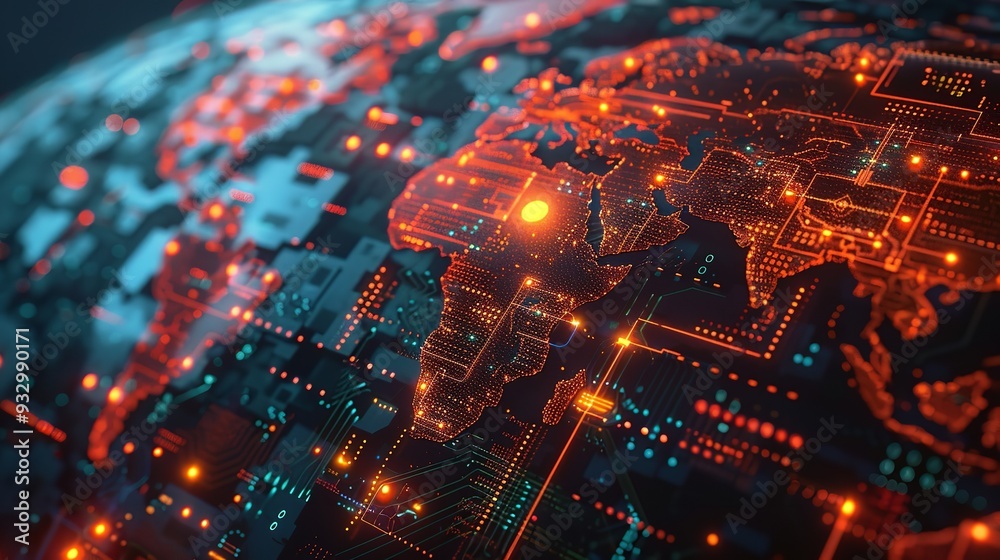 Fototapeta premium glowing digital map on advance motherboard