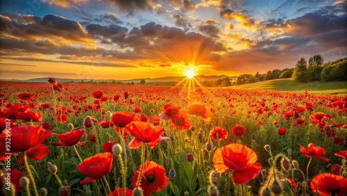 Vibrant scarlet poppy fields warm golden light