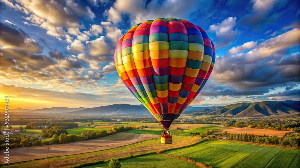 Fototapeta premium Colorful hot air balloon floating over scenic countryside at sunset