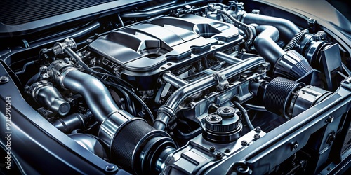 dramatic close-up of a high-performance car's engine and gearbox with intricate mechanical details and muted monochromatic color scheme