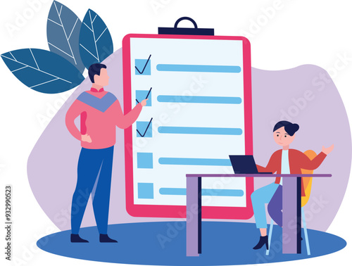 A boy and a girl are talking about a checklist.