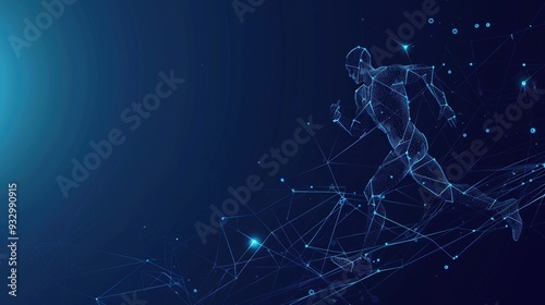 Digital Runner in a Network of Lines. Human anatomy, sport concept. Polygonal wireframe mesh art. AI generated image