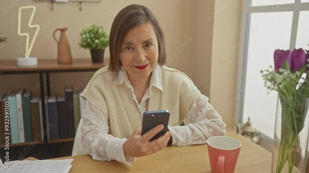A smiling woman using a smartphone in a cozy living room with a coffee cup and flowers A smiling woman using a smartphone in a cozy living room with a coffee cup and flowers