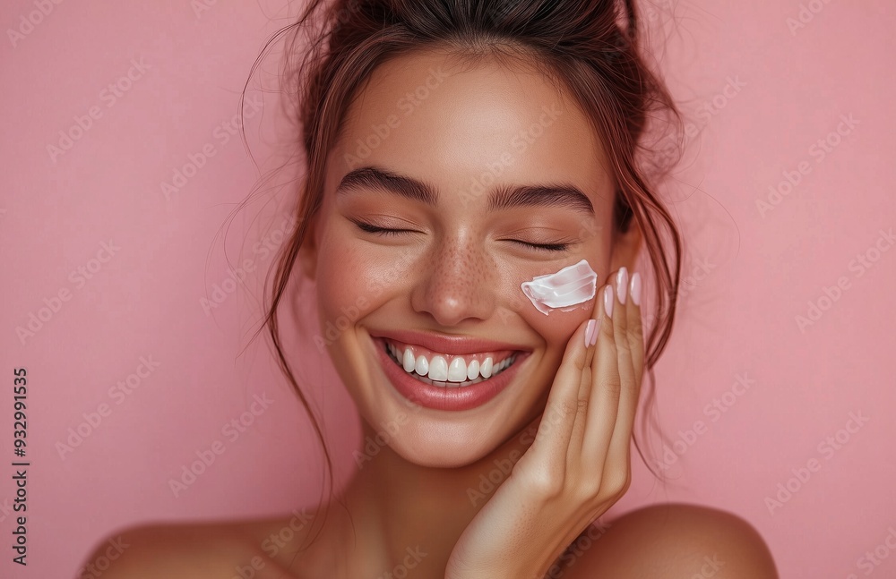 A lovely woman with closed eyes smiles while applying cream to her cheek with one hand A lovely woman with closed eyes smiles while applying cream to her cheek with one hand