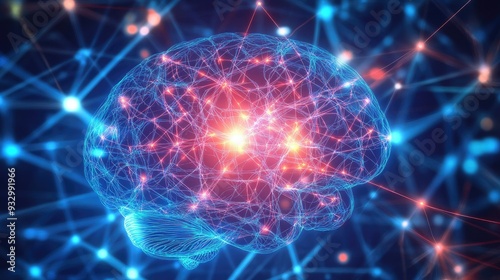 A brain with bright glowing neural connections, artificial intelligent
