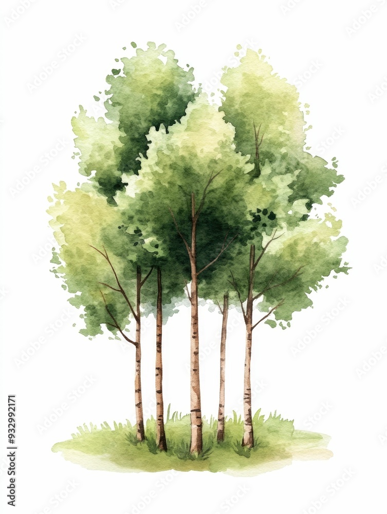Obraz premium Vibrant Watercolor of Tranquil Forest with Blooming Trees and Lush Green Foliage in Peaceful Early Spring Landscape
