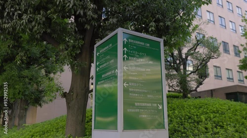 Signpost in front of a hospital in Tokyo, surrounded by trees and greenery on a sunny day
