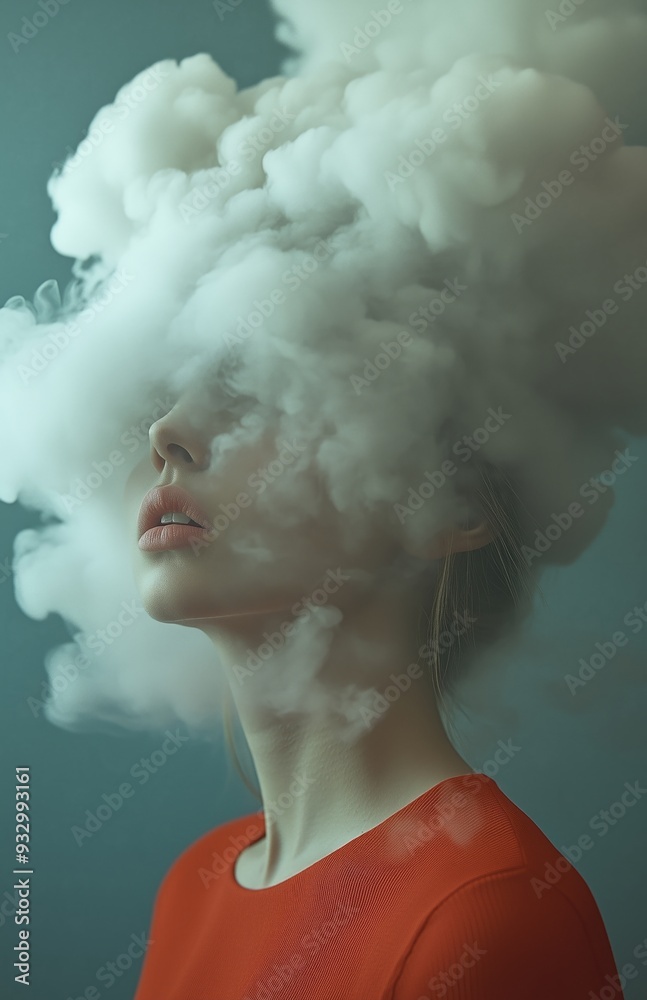 A woman with a cloud like head, wearing a red shirt, stands in a surreal environment A woman with a cloud like head, wearing a red shirt, stands in a surreal environment