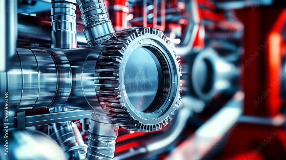Fototapeta premium Industrial engineering with modern piping system, polished metal surfaces, and complex infrastructure.