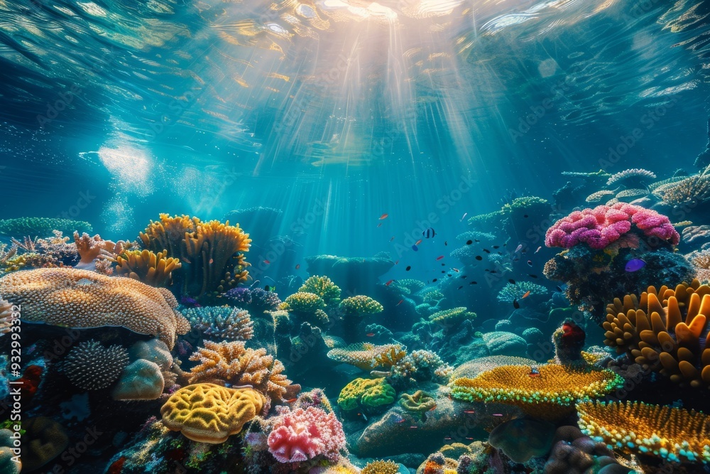 Obraz premium Vibrant Underwater Coral Reef Scene with Sun Rays. Conceptual artwork showcasing marine beauty and biodiversity. Ideal for nature, ocean, and wildlife themes. Generative AI