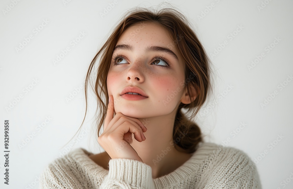A young woman with brown hair, wearing an off-white sweater, thoughtfully looking up with chin resting on her hand A young woman with brown hair, wearing an off-white sweater, thoughtfully looking up with chin resting on her hand