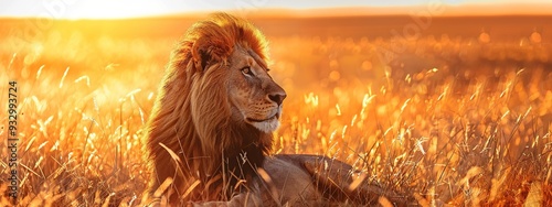 Majestic Lion in Golden Grassland at Sunset. Lion lying on grass in savannah. AI generated image