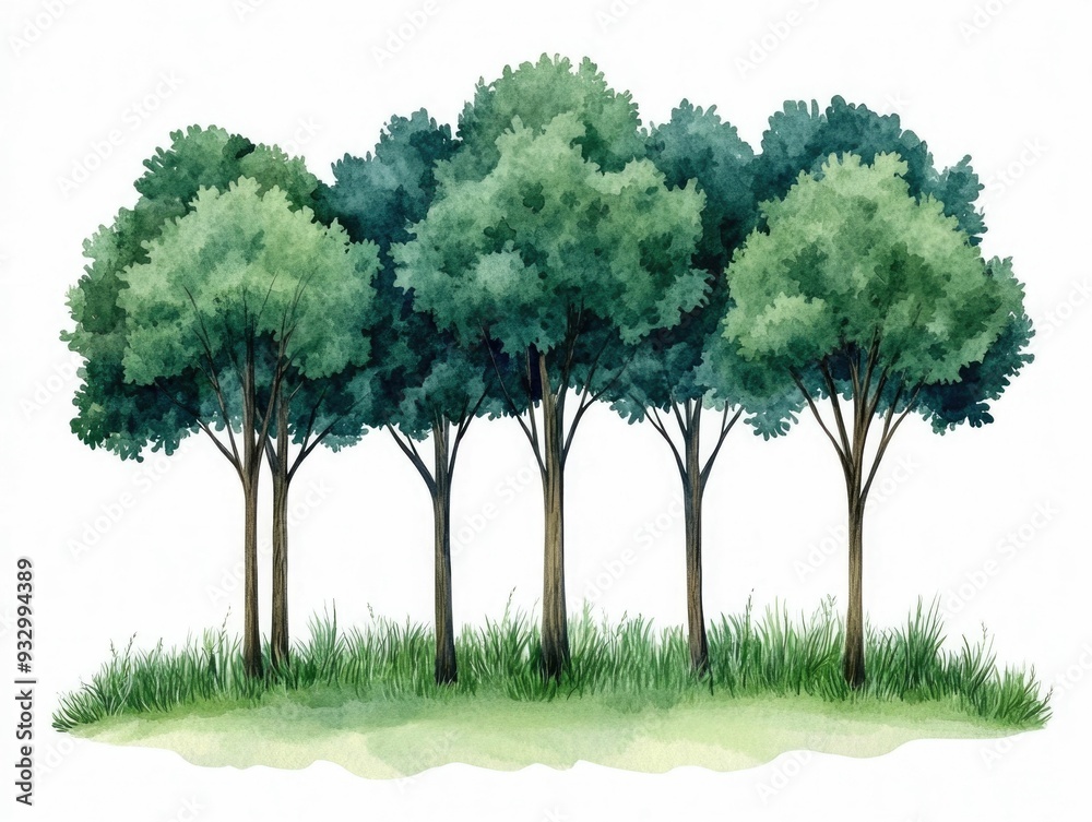 Obraz premium Captivating digital of a lush mystical forest landscape with ancient towering trees and vibrant foliage in a dreamy watercolor inspired style isolated on a clean white background