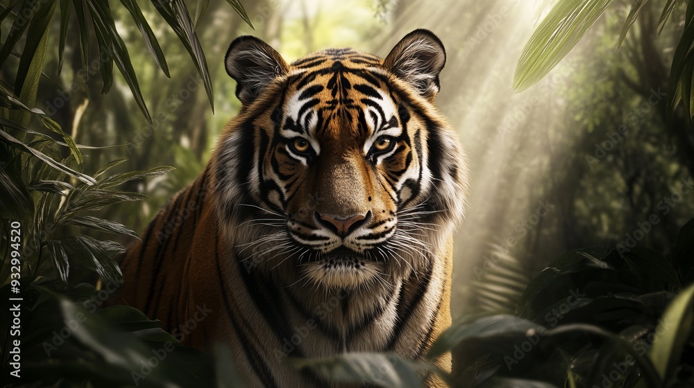 Close-up of a majestic tiger in a dense jungle, with sunlight filtering through the trees Close-up of a majestic tiger in a dense jungle, with sunlight filtering through the trees