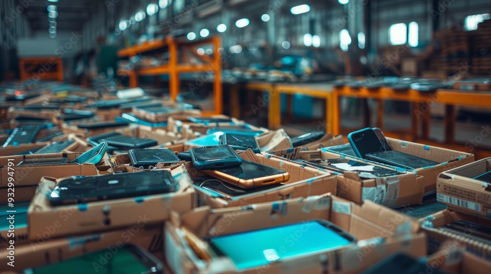 Within the confines of an industrial facility's workshop, a cluster of abandoned smartphones is prepared for the next step in the recycling cycle.