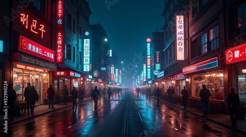 Vibrant Asian Night Market: Neon-lit Street Scene with Bustling Shops and Pedestrians