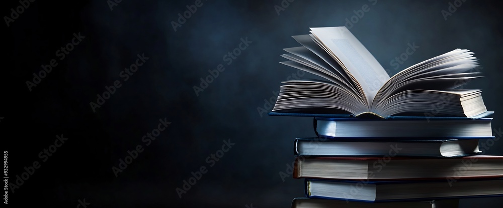 Obraz premium Photo of a stack of books with an open book on top, symbolizing knowledge and education against a dark background