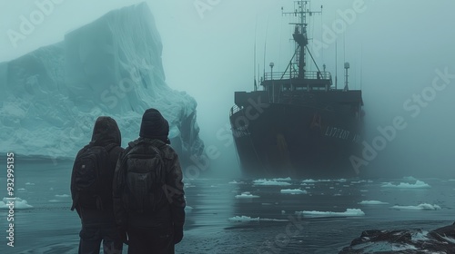 In the harsh conditions of the Antarctic, a group of scientists eagerly await the arrival of the ship, marking the next phase of their geophysical expedition. photo