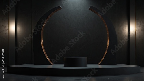 Black room with stand podium with luxury arch. photo