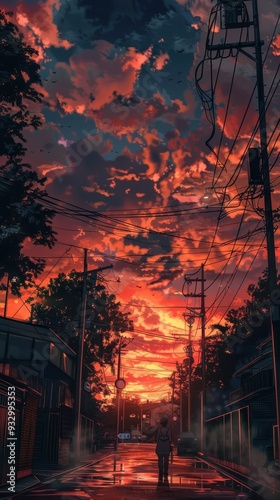 Wallpaper Mural The captivating sunset sky casts vibrant colors over an urban street near a tower, evoking a serene and dreamy atmosphere Torontodigital.ca