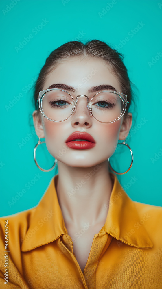 Close up portrait of stylish woman wearing bold glasses and vibrant yellow shirt posing confidently against bright background in a chic modern style studio shot